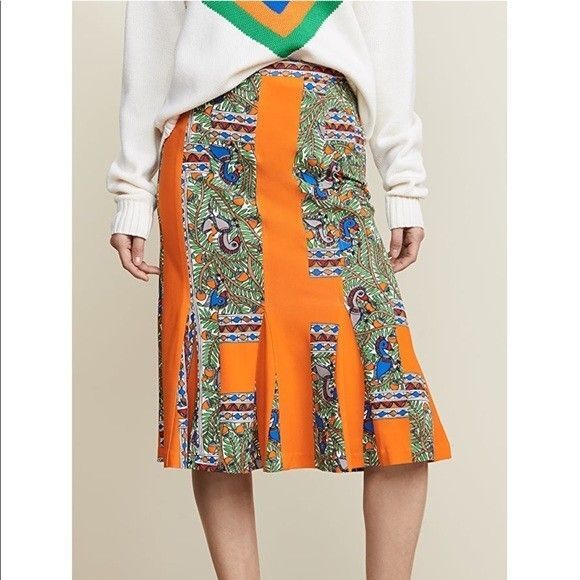 TORY BURCH Jada Skirt Orange Bird Jungle Gored Something Wild Stripe SIZE MEDIUM - Picture 1 of 13